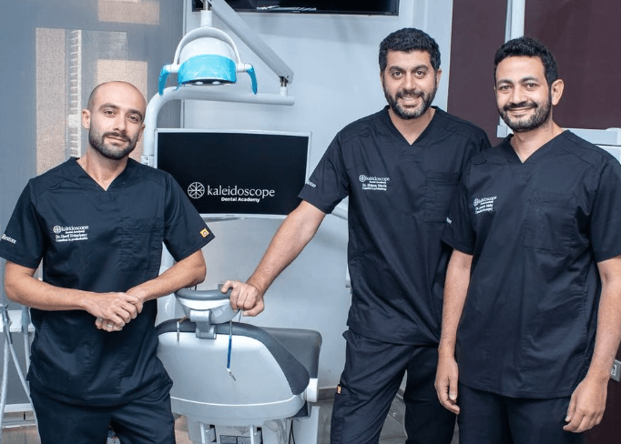Kaleidoscope Dental Academy team: Dr. Sherif Elbahrawy, Dr. Mina Wahba, and Dr. Ahmed Hely in the clinic